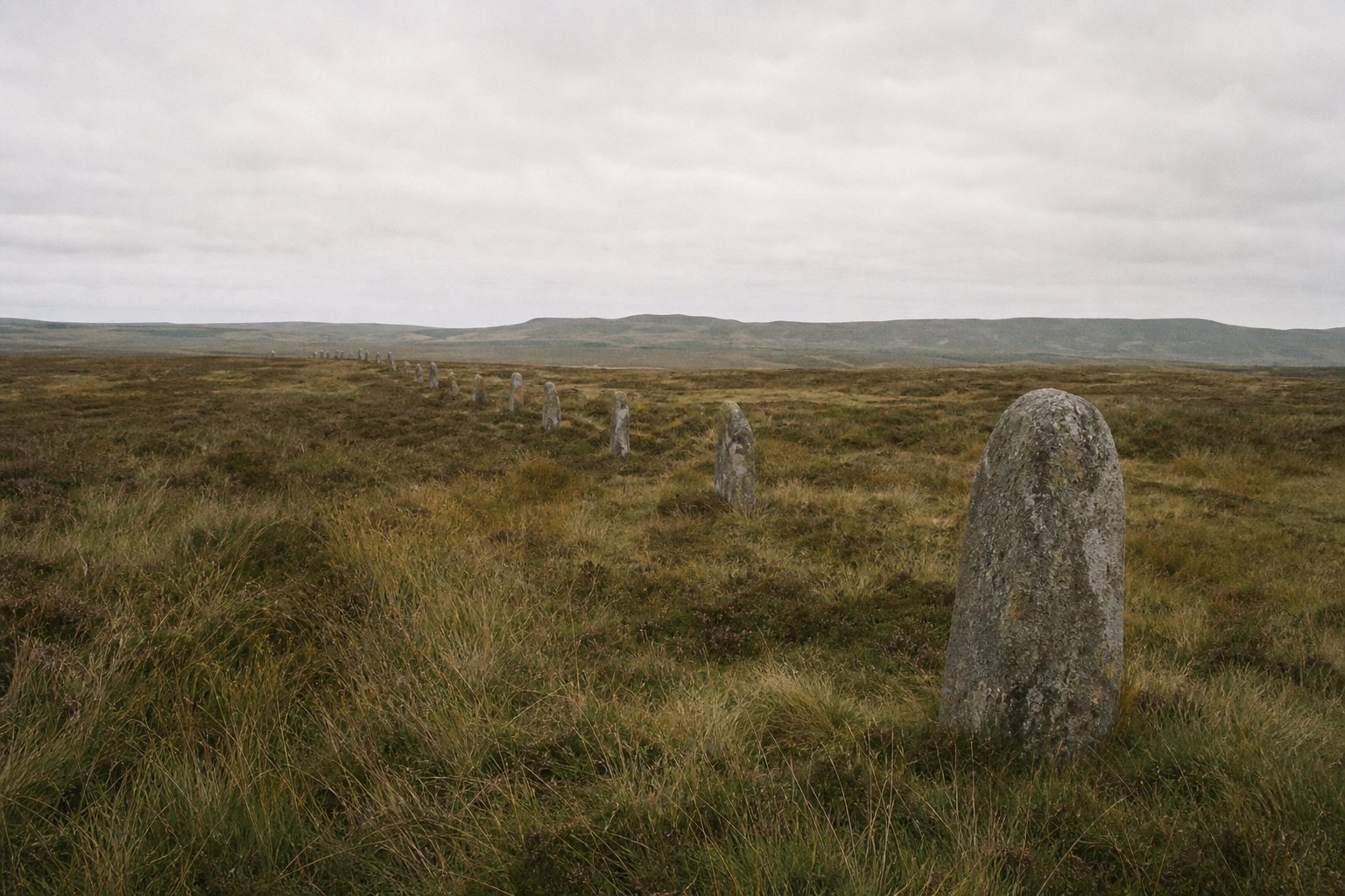 Weathered plain stone markers set in rough grass, receding in a line into the distance.