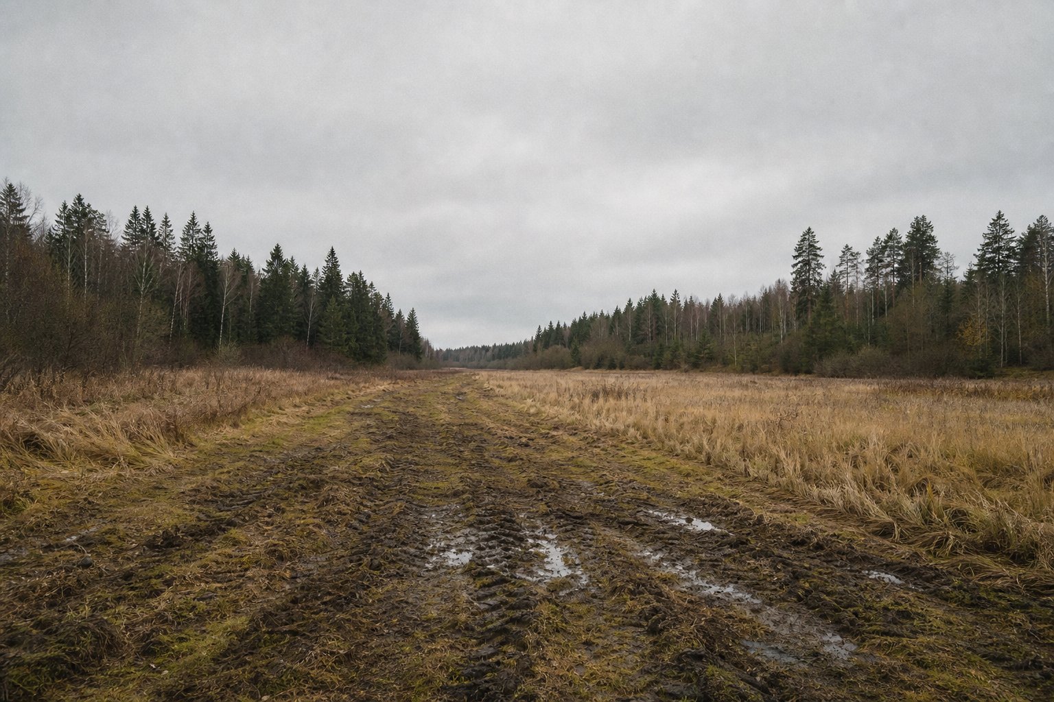 A rutted earth track running into mixed woodland, the surface churned and soft, no vehicles present.